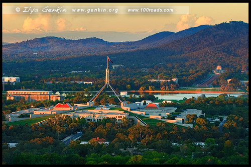 Вид с обзорной площадки Красного Холма, View from Red Hill Lookout, Дом правительства, Parliament House, Канберра, Canberra, Австралийская столичная территория, ACT, Австралия, Australia