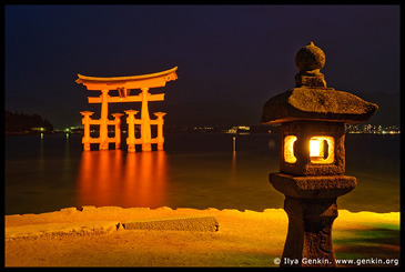 O-Torii (Grand Gate) and Stone Lantern at Night, Itsukushima Shrine, Miyajima, Honshu, Japan