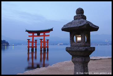 O-Torii (Grand Gate) and Stone Lantern at Dawn, Itsukushima Shrine, Miyajima, Honshu, Japan