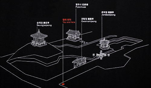 Схема территории Павильонов Гвалламчжон и Чондокчон, Jondeokjeong, 존덕정, 尊德亭, Gwallamjeong, 관람정, 观缆亭, Хувон, Huwon, 후원, 后苑, Задний сад, Тайный сад, Секретный сад, Biwon, 비원, 秘苑, Дворец Чхандок, Чхандоккун, Changdeokgung, 창덕궁, 昌德宫, Сеул, 서울, Seoul, 서울특별시, 首爾, 特別市, Южная Корея, 대한민국, 大韓民國, South Korea, Азия, Asia