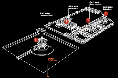 Схема части дворца, Хянвончжон, Hyangwonjeong, 향원정, 香遠亭, Кончхонккун, Geoncheonggung, 건청궁, 乾淸宮, Дворец Кёнбок, Кёнбоккун, Gyeongbokgung, 경복궁, 景福宫, Сеул, 서울, Seoul, 서울특별시, 首爾, 特別市, Южная Корея, 대한민국, 大韓民國, South Korea, Азия, Asia