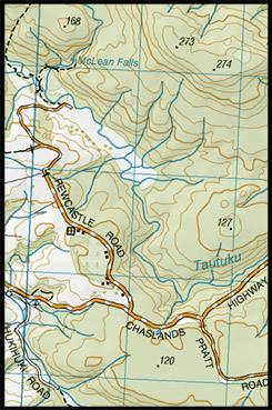 Карта Водопада МакЛин, McLean Falls Map, The Catlins, Southland Region, Южный остров, South Island, Новая Зеландия, New Zealand