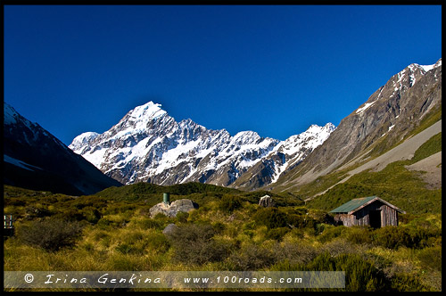 Сторожка, Приют, Stocking Stream Shelter, Тропа Долины Хукер, Hooker Valley Track, Aoraki Mount Cook National Park, Южный остров, South Island, Новая Зеландия, New Zealand