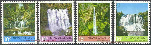 Марка водопада Пуракаунуи, Пу Ракау Нуи, Перакауни,, Stamp of  Purakaunui Falls, The Catlins, Southland Region, Южный остров, South Island, Новая Зеландия, New Zealand