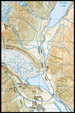 Топографическая карта трека Хукер, Тропа Долины Хукер, Hooker Valley Track, Aoraki Mount Cook National Park, Южный остров, South Island, Новая Зеландия, New Zealand