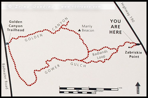Карта маршрутов, Золотой каньон, Golden Canyon, Ущелье Говера, Gower Gulch Loop, Badlands Loop, Долина Смерти, Death Valley, Калифорния, California, СЩА, USA, Америка, America
